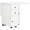 White Folding Dining Table with Storage Drawers and Wheels
