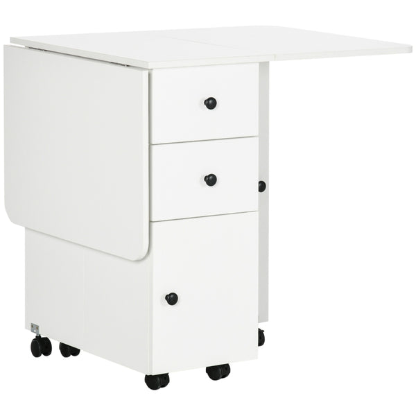 White Folding Dining Table with Storage Drawers and Wheels