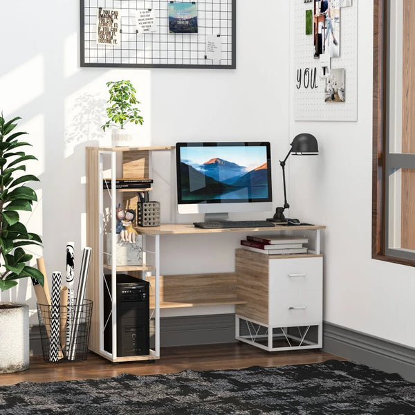 Oak Computer Desk with Drawers and Bookshelf