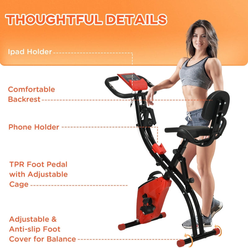 Red Foldable 2-in-1 Exercise Bike with 8-Level Magnetic Resistance