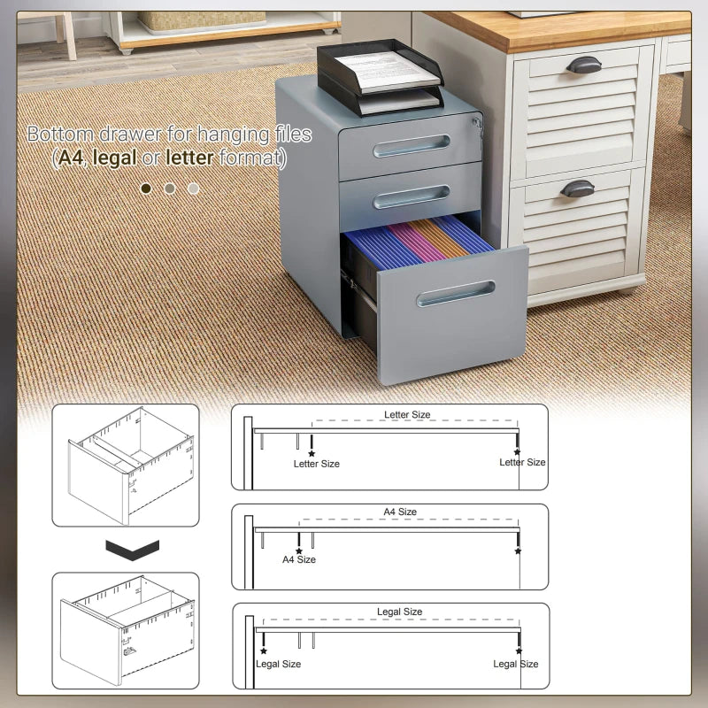 Steel 3-Drawer Rolling Filing Cabinet for A4, Letter, Legal Files - Black