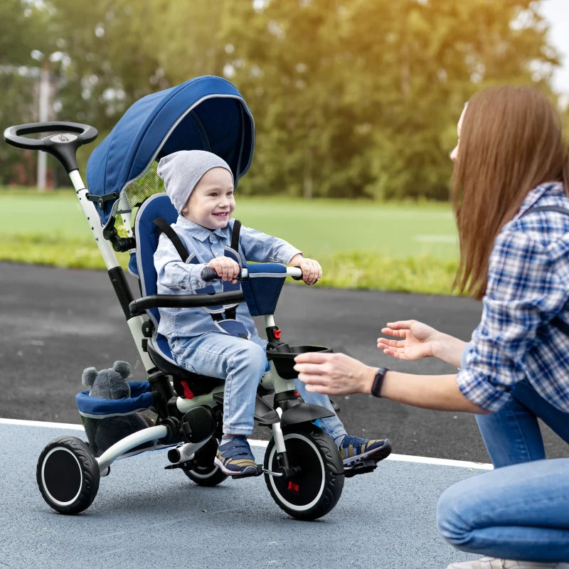Blue Kids Tricycle with Rotatable Seat & Adjustable Push Handle