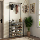 Rustic Brown Industrial Coat Stand with Shoe Storage and 5 Hooks