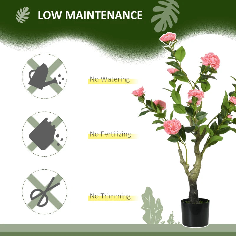 Artificial Pink Camellia Flower in Pot, Indoor Outdoor Fake Plant, 95cm