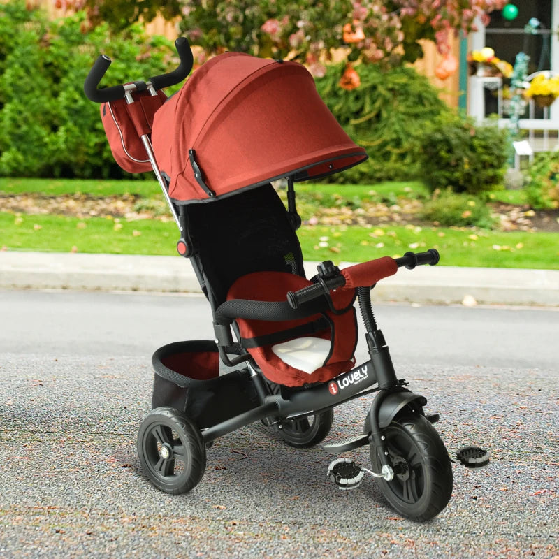 Red 4-in-1 Kids Tricycle with Parent Handle and Canopy
