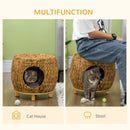 Rattan Cat Cave Stool with Washable Cushion - Indoor/Outdoor Kitten Bed (Grey)
