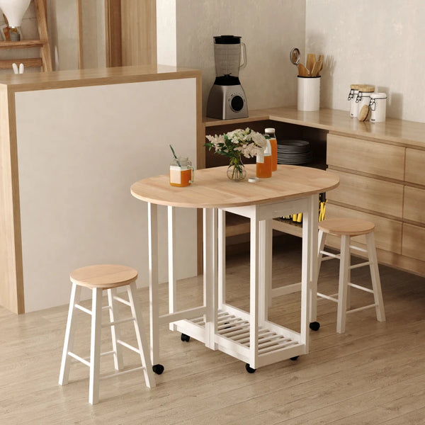3 Piece Wooden Kitchen Cart Set with Folding Bar Table, Stools, and Storage