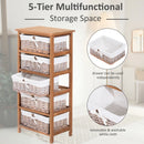 5-Drawer Wicker Basket Storage Unit - Natural Wood Finish