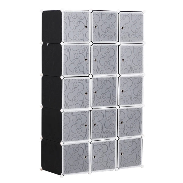 Modular 15-Cube Bedroom Wardrobe with Hanging Rail, White and Black