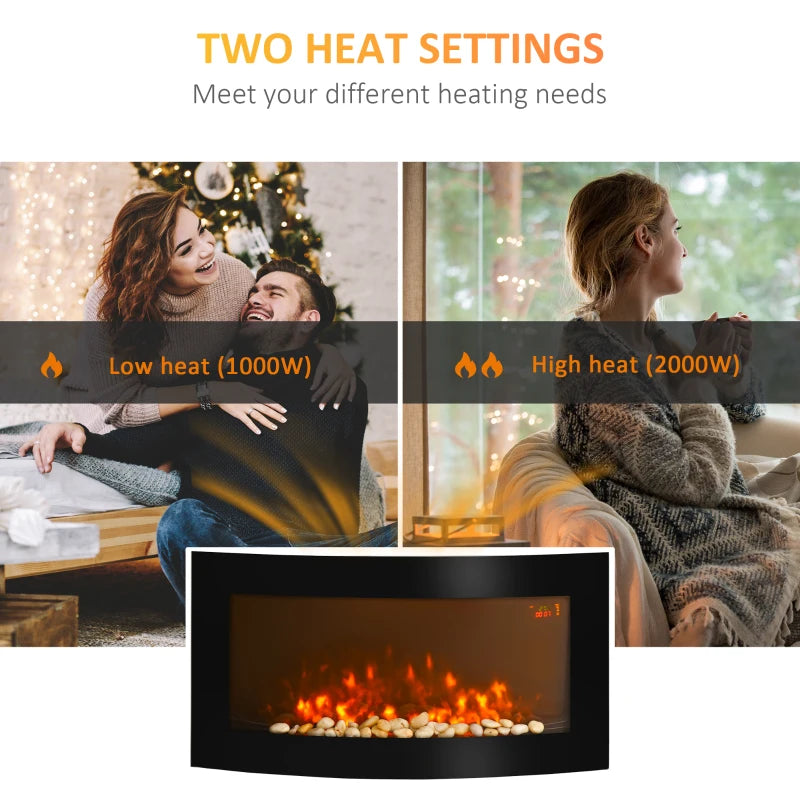 Curved Glass Electric Fireplace with 7 Colour Side Lights, 1000/2000W, 89.2cm x 48cm