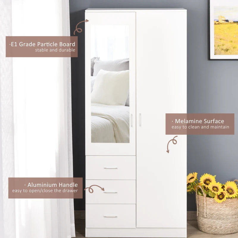 White 2-Door Mirror Wardrobe with Storage and Drawers
