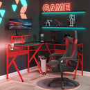 Red L-Shaped Gaming Desk with Monitor Stand and Cup Holder
