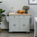 Grey Rolling Kitchen Island Trolley with Rubber Wood Top & Drawers