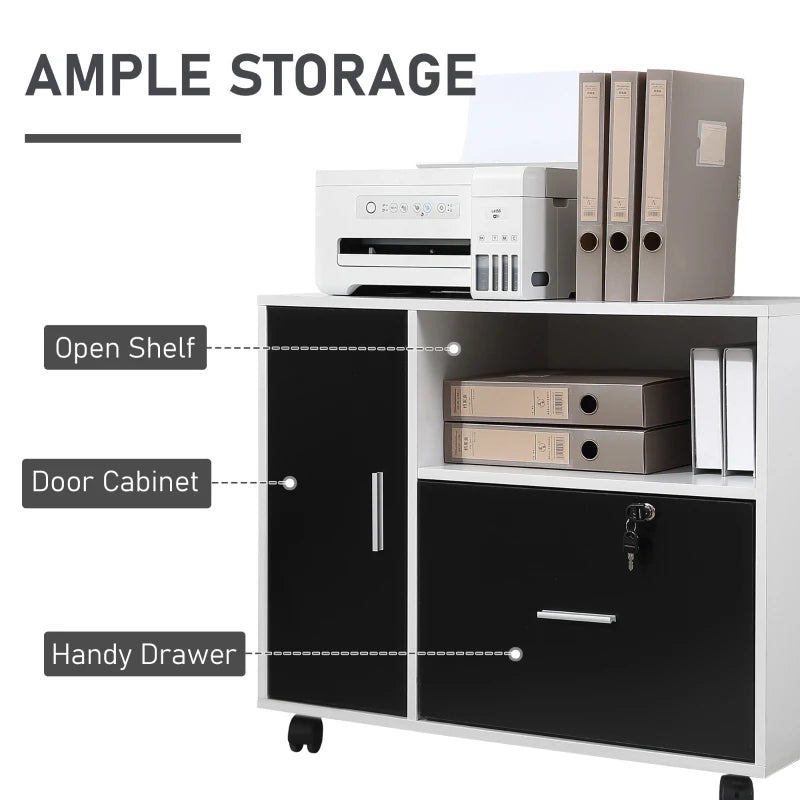 Black and White Mobile File Cabinet with Lockable Drawer and Shelf