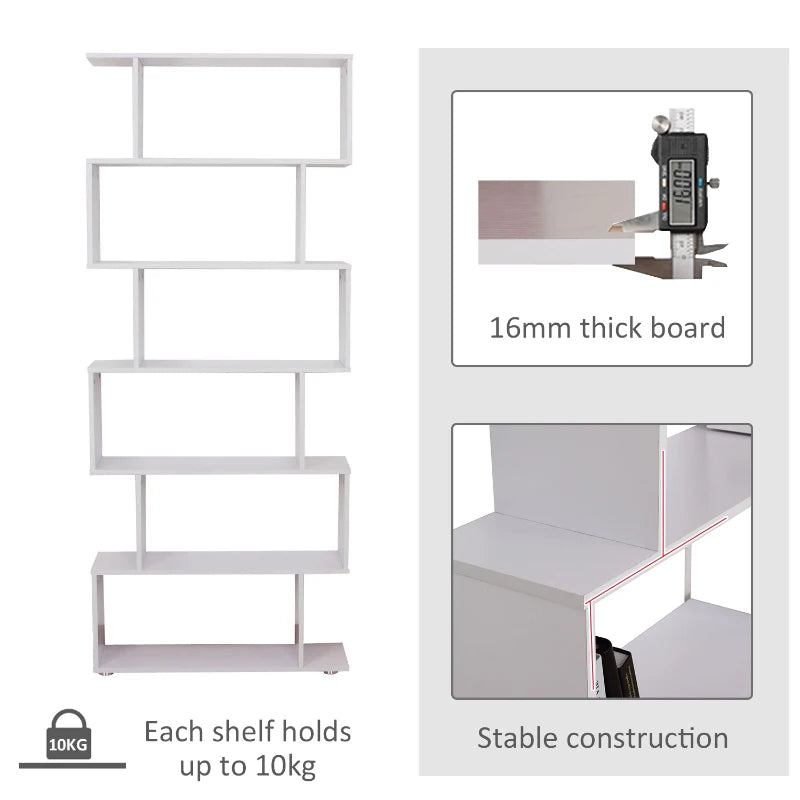 White S-Shaped 6-Tier Wooden Bookshelf for Home Office and Living Room