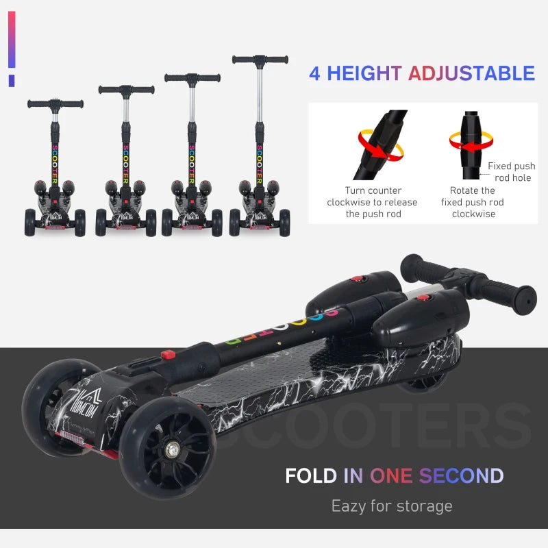 Black Kids 3-Wheel Scooter with Adjustable Height and Engine-Look Water Spray