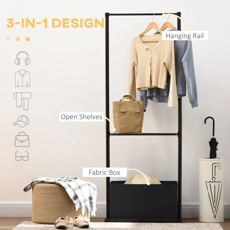 Dark Walnut Bamboo Coat Stand with Shelves and Fabric Storage Box