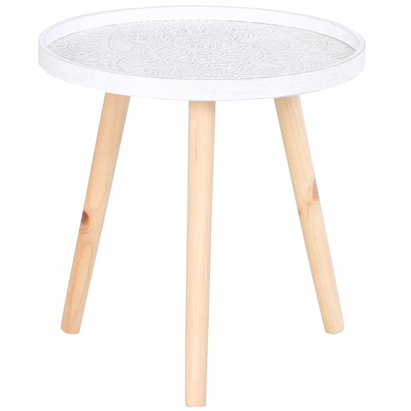 White Carved Floral Round Coffee Table with Tray Top and Wood Legs