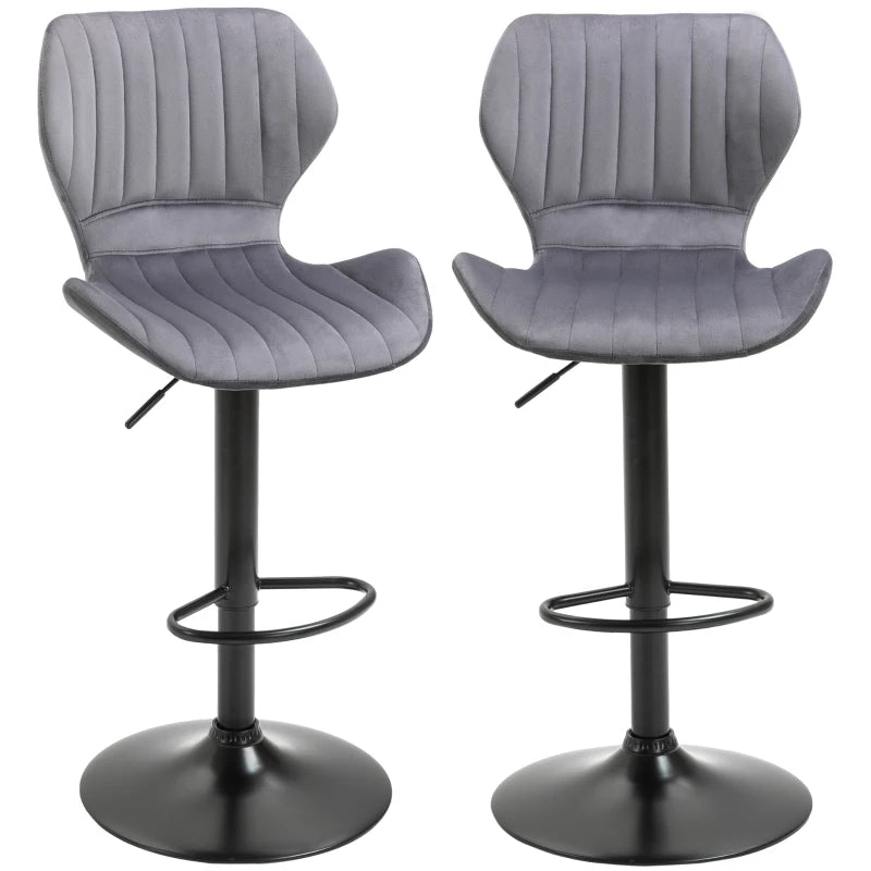 Grey Velvet Swivel Bar Stool Set of 2 - Adjustable Height Counter Chairs with Footrest