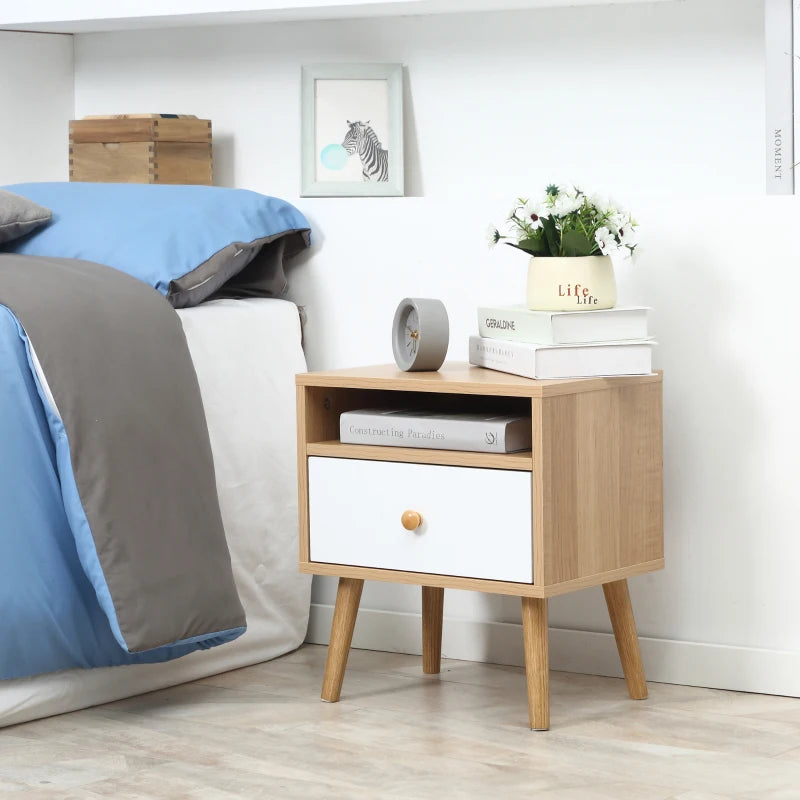 Natural Wood Bedside Table with Drawer and Shelf