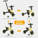 Yellow 4-in-1 Kids Tricycle with Adjustable Push Handle