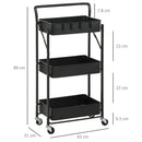 Black 3 Tier Foldable Storage Trolley Cart with Mesh Baskets and Hooks