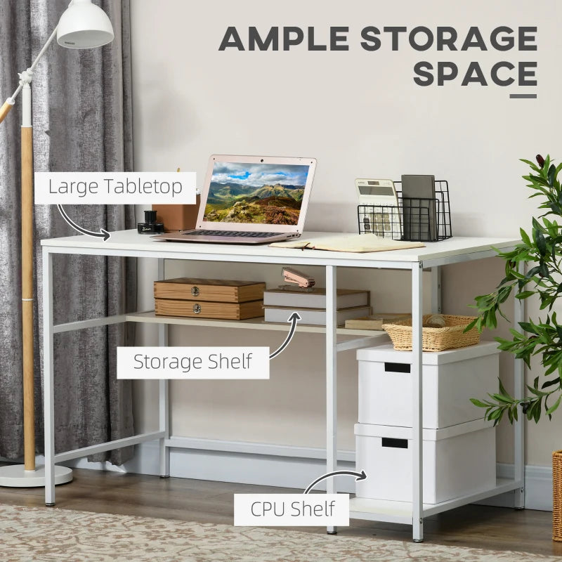White Home Office Desk with Storage, 120 x 60cm, 2 Shelves, Steel Frame