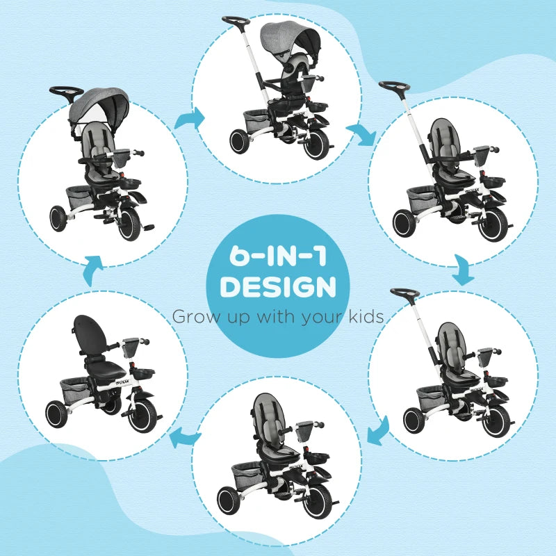 Grey Kids Tricycle with Rotatable Seat & Adjustable Push Handle