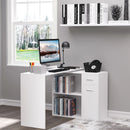 White L-Shaped Computer Desk with Storage Shelf and Drawer