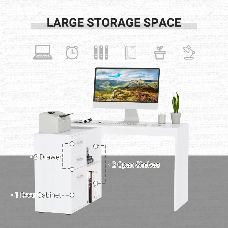 White L-Shaped Corner Desk with Drawers and Storage Shelves