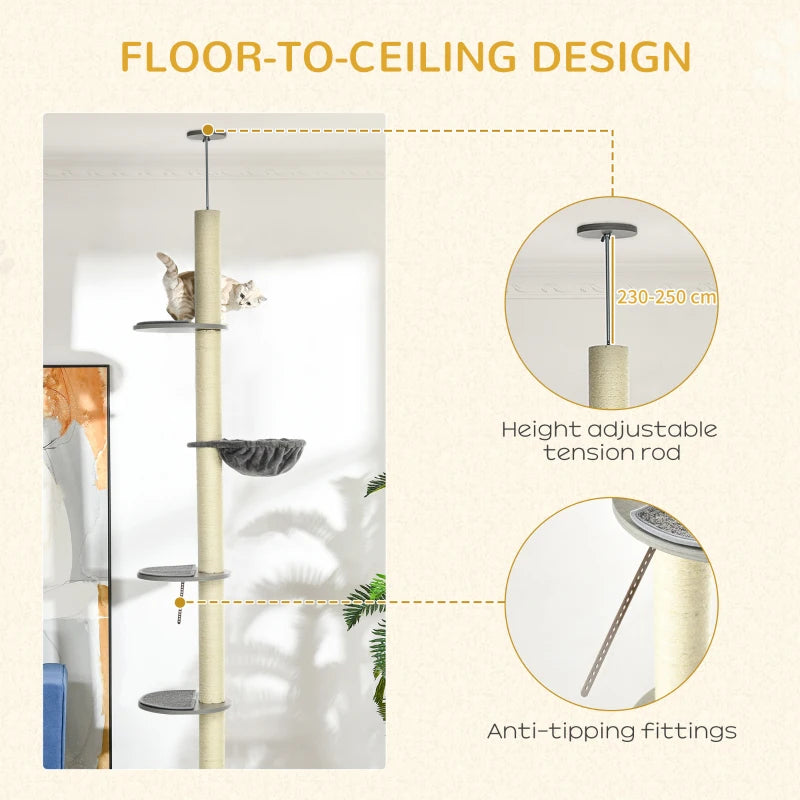 250cm Tall Cat Tree with Hammock and Scratching Post - Beige
