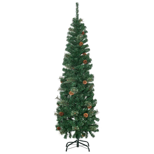 5.5FT Tall Slim Green Christmas Tree with Realistic Branches and Pine Cones