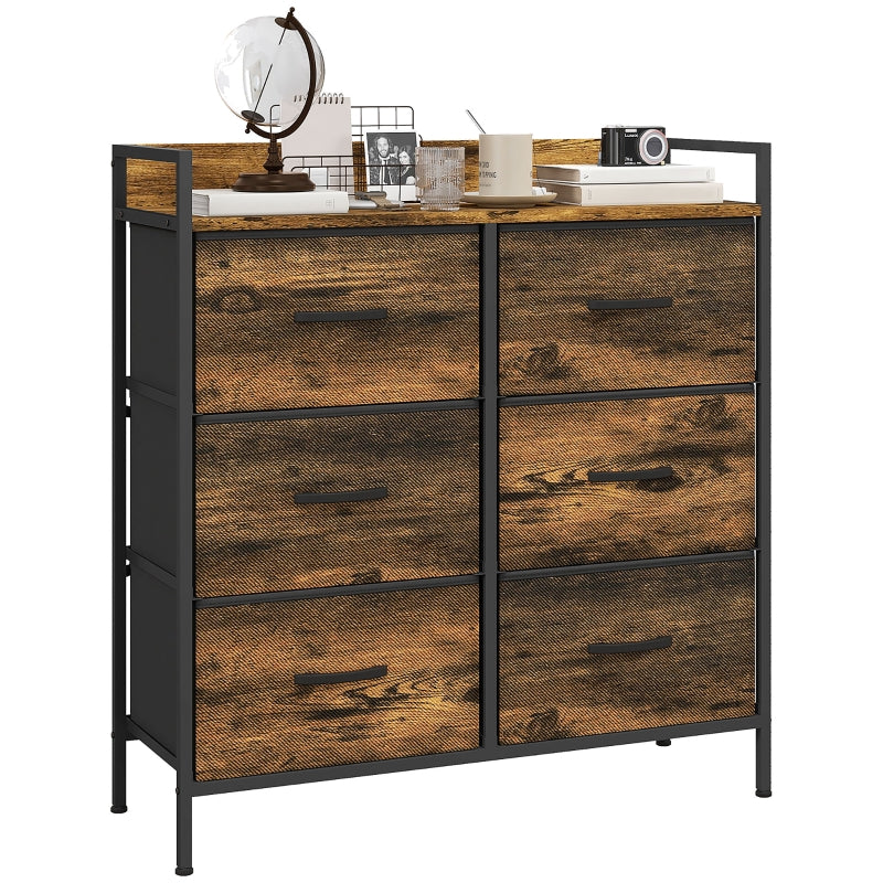 Rustic Brown Wood Effect 6-Drawer Fabric Chest