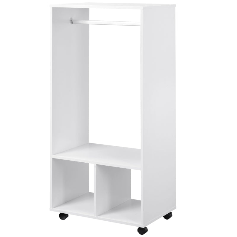 White Mobile Clothes Rack with Shelves and Rail