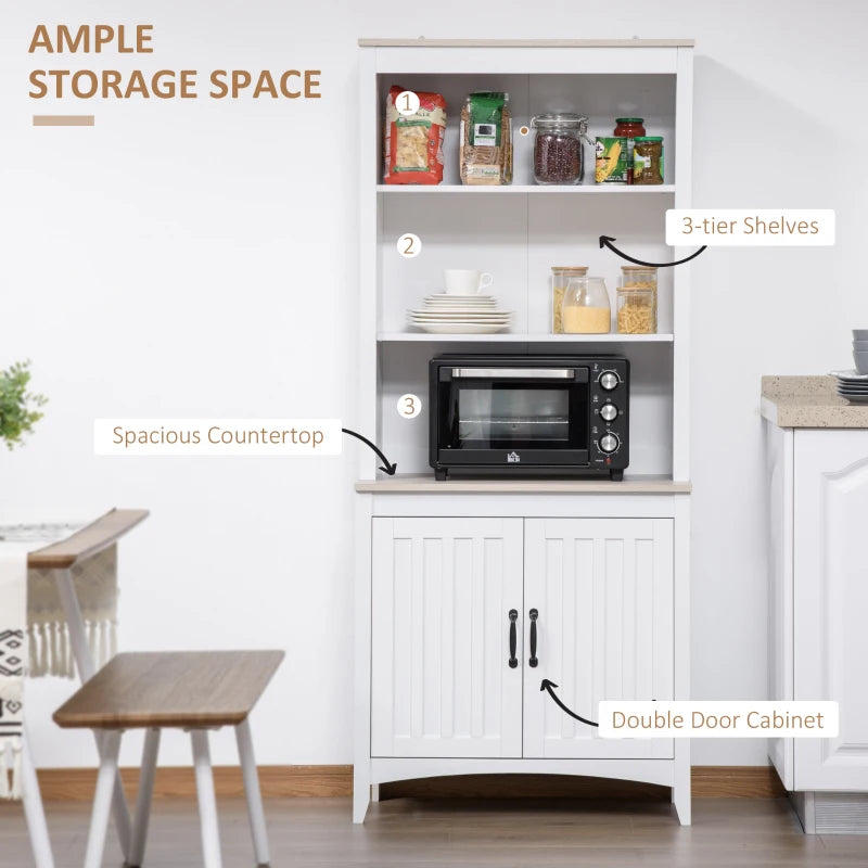 White Tall Kitchen Cupboard with 3 Open Shelves and Double Door Cabinet