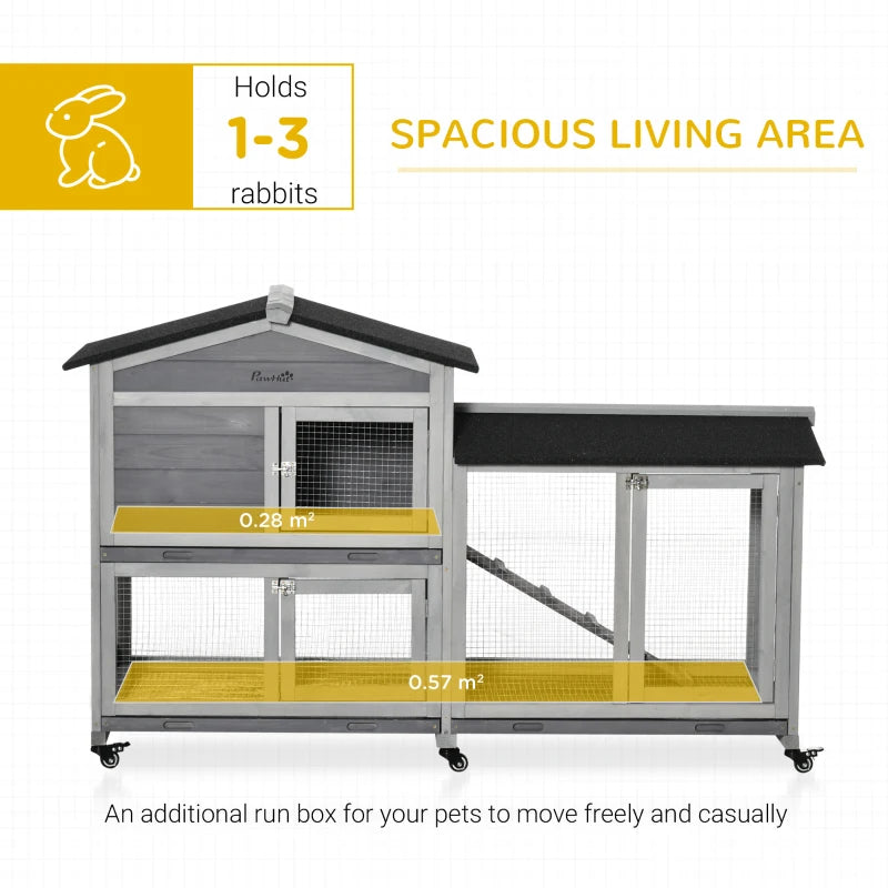 Wooden Small Pet Hutch with Wheels and Run - Brown