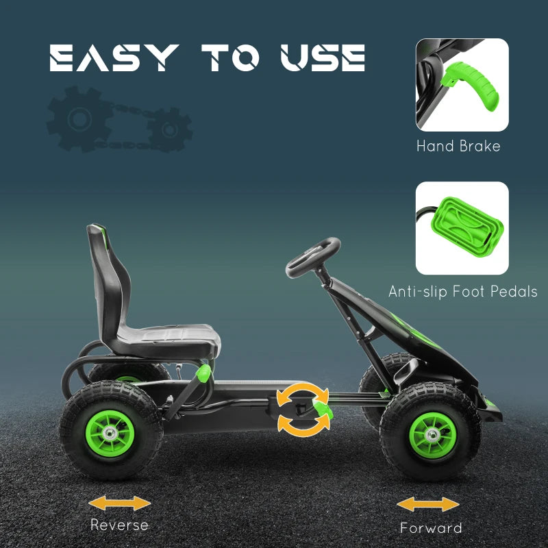 Green Kids Pedal Go Kart with Adjustable Seat and Inflatable Tyres