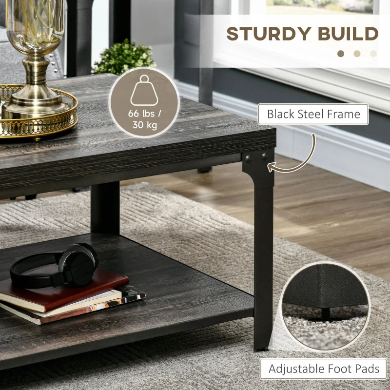Rustic Dark Walnut Coffee Table with Storage Shelf and Steel Frame