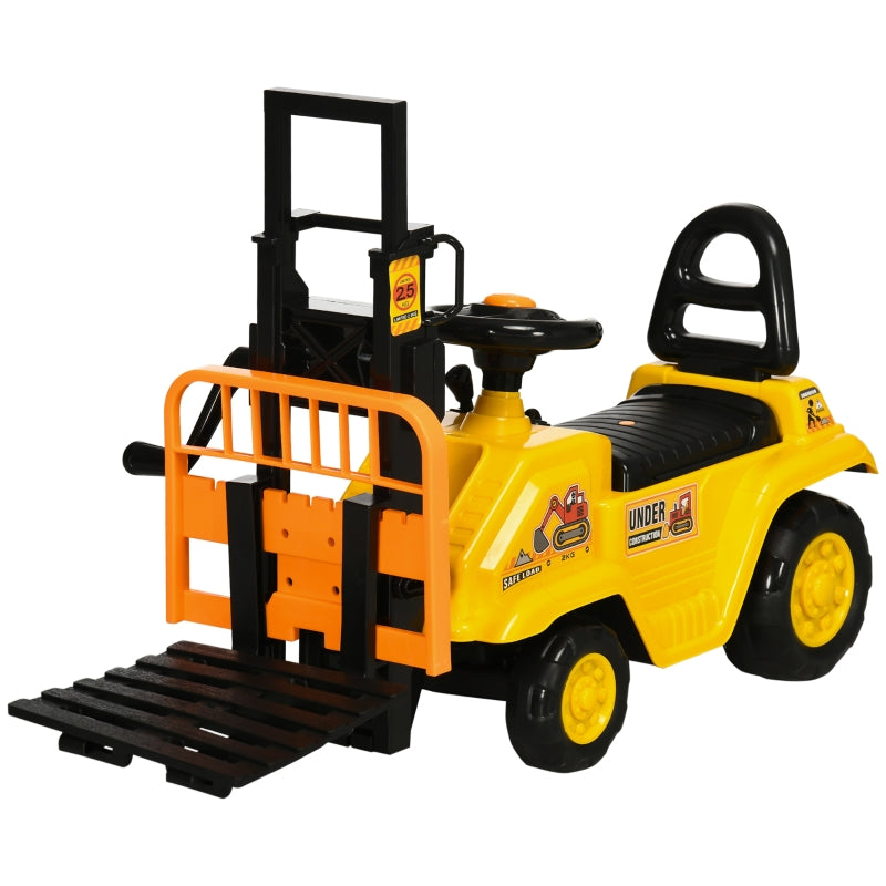 Yellow Kids Ride-On Construction Car with Fork and Tray