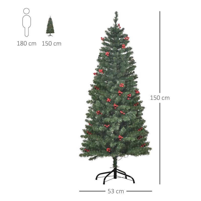 5FT Pre-lit Green Pencil Christmas Tree with Warm White LED Lights and Red Berries