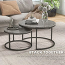 Round Industrial Nesting Coffee Table Set, Faux Marbled Top, Steel Frame, 2-Piece, Black
