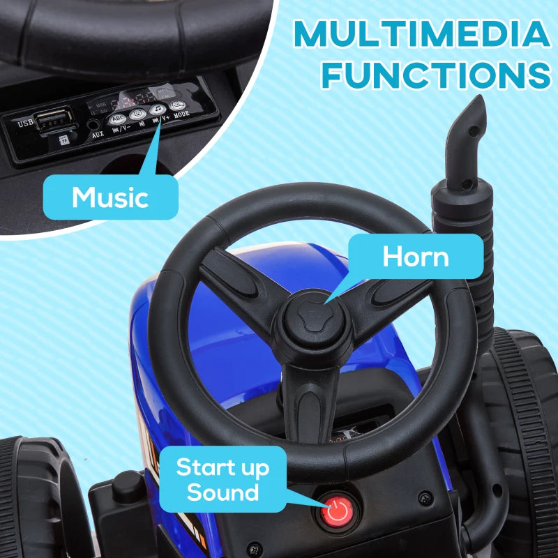 Blue Ride-On Tractor with Detachable Trailer, Remote Control & Music
