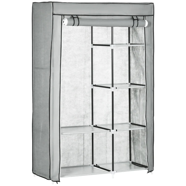 Light Grey Fabric Portable Wardrobe with 6 Shelves and Hanging Rail