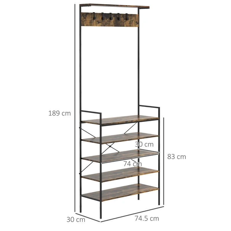 Rustic Brown Industrial Coat Stand with Shoe Storage and 5 Hooks