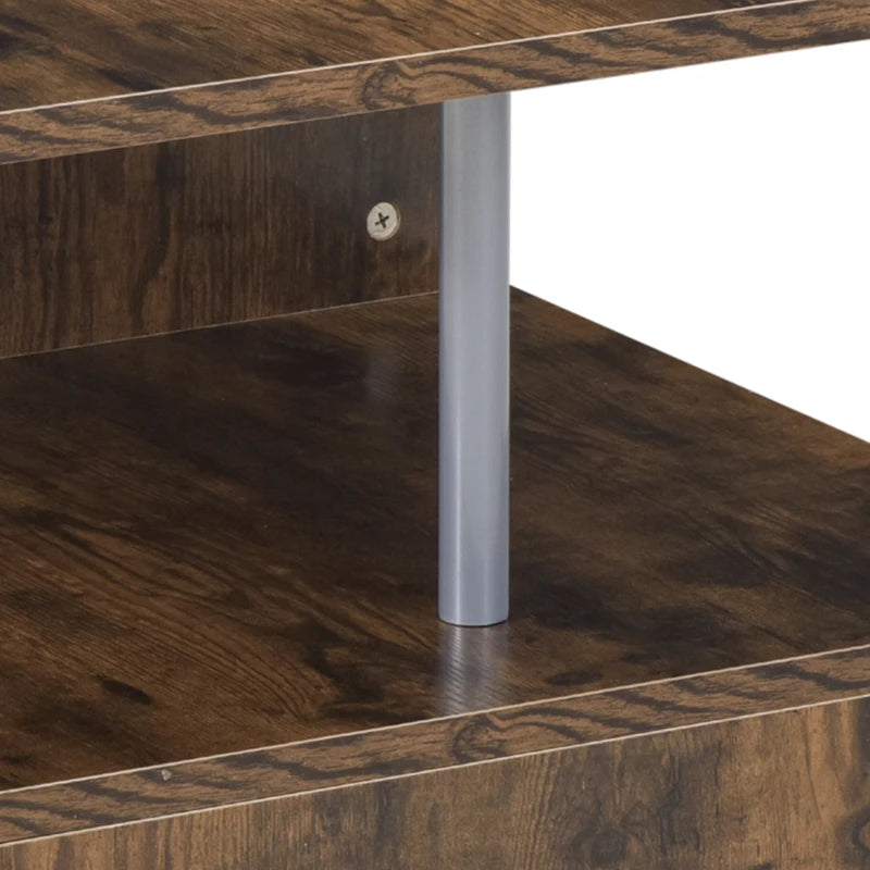 Rustic Brown Wooden S-Shaped Coffee Table with 2-Tier Storage Shelves