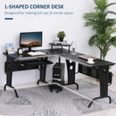 Black L-Shaped Gaming Desk with Steel Frame and CPU Rack