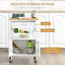 White Rolling Kitchen Island Trolley with Bamboo Top and Storage