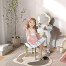 Kids White Vanity Table Set with Mirror, Stool, Drawer, and Flower Design
