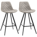 Grey Microfiber Bar Stools Set of 2 - Padded Steel Frame Footrest - Quilted Kitchen Chairs
