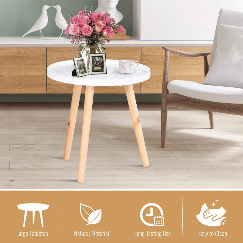 White Carved Floral Round Coffee Table with Tray Top and Wood Legs